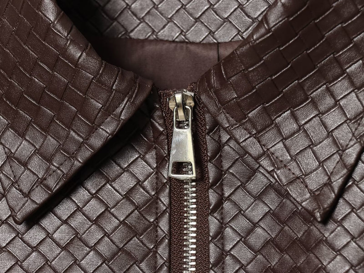Winter Urban Collared Vintage Artificial Woven Leather Bomber Jacket Women
