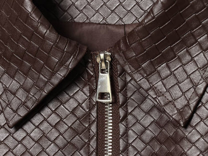 Winter Urban Collared Vintage Artificial Woven Leather Bomber Jacket Women