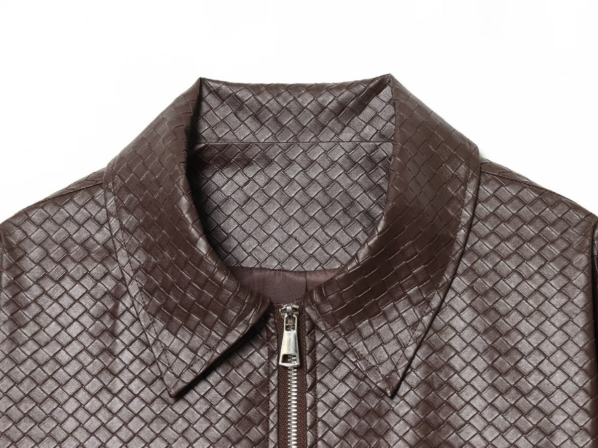 Winter Urban Collared Vintage Artificial Woven Leather Bomber Jacket Women