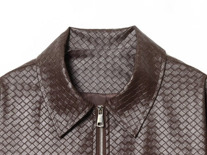 Winter Urban Collared Vintage Artificial Woven Leather Bomber Jacket Women