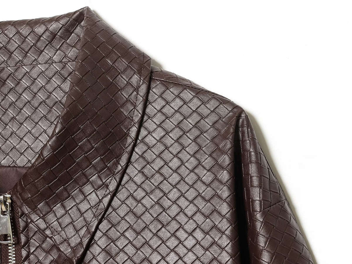 Winter Urban Collared Vintage Artificial Woven Leather Bomber Jacket Women
