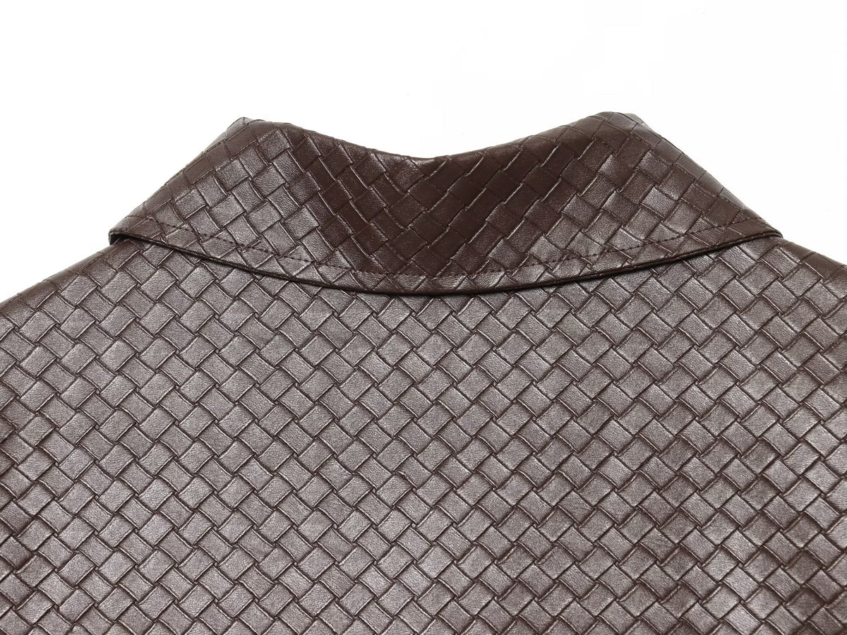 Winter Urban Collared Vintage Artificial Woven Leather Bomber Jacket Women