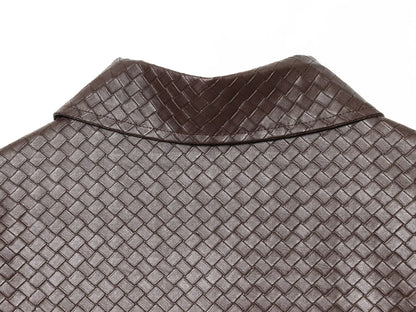 Winter Urban Collared Vintage Artificial Woven Leather Bomber Jacket Women