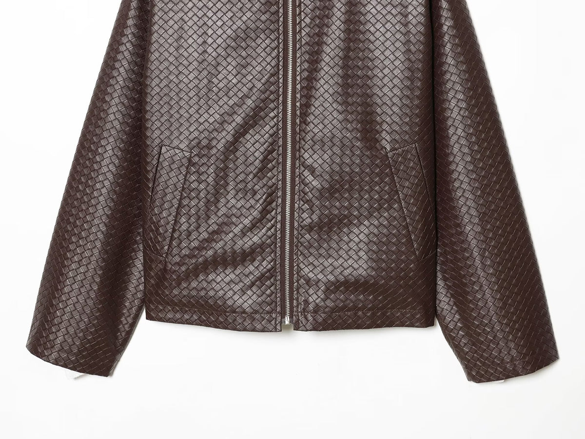 Winter Urban Collared Vintage Artificial Woven Leather Bomber Jacket Women