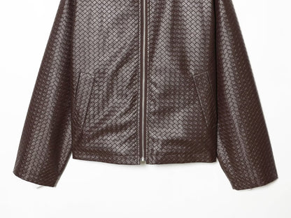 Winter Urban Collared Vintage Artificial Woven Leather Bomber Jacket Women