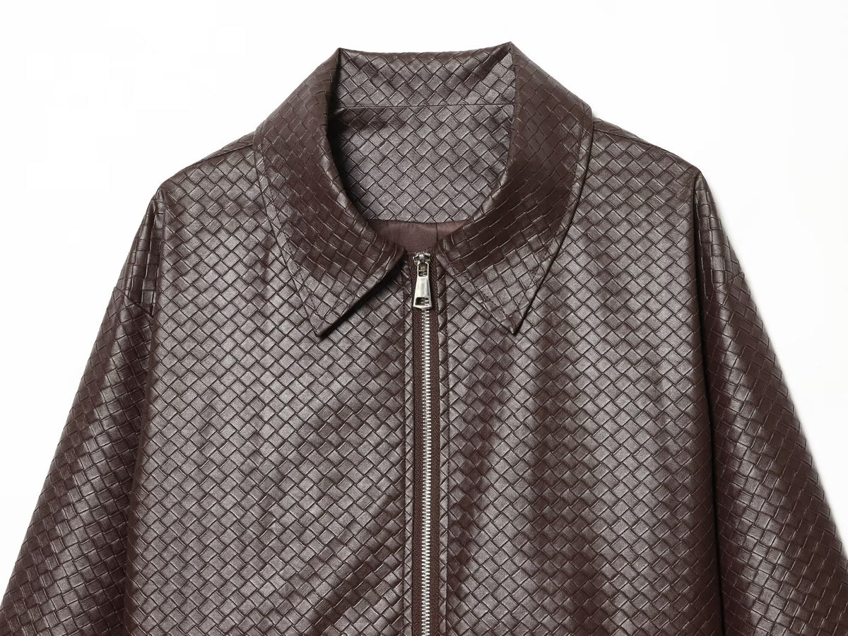 Winter Urban Collared Vintage Artificial Woven Leather Bomber Jacket Women