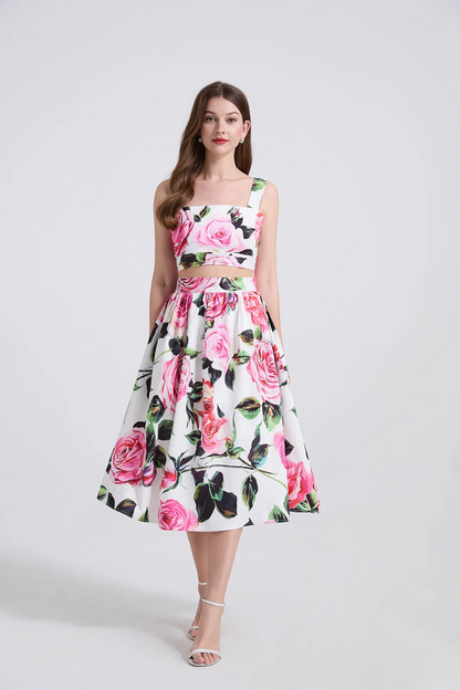 Floral Ruched Spaghetti Strap Crop Top & Midi Skirt Set