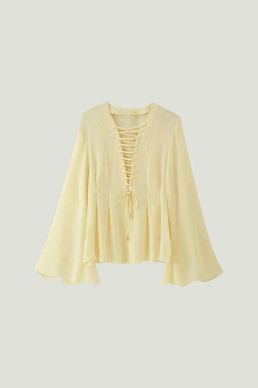 Split Trumpet Sleeve Lace-Up Blouse