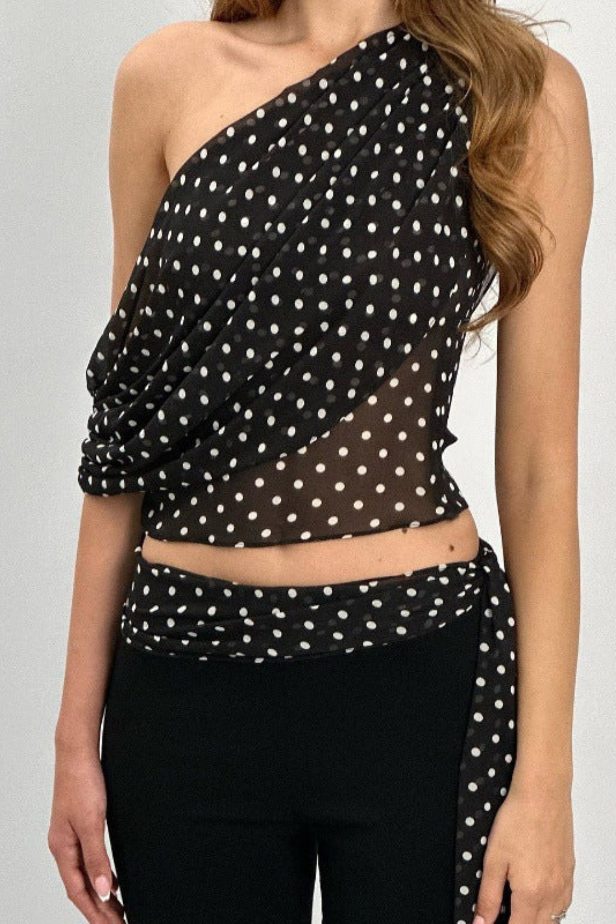 Polka Dot One-Shoulder Lace Tank