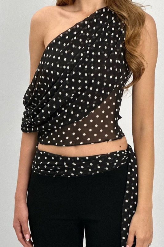 Polka Dot One-Shoulder Lace Tank