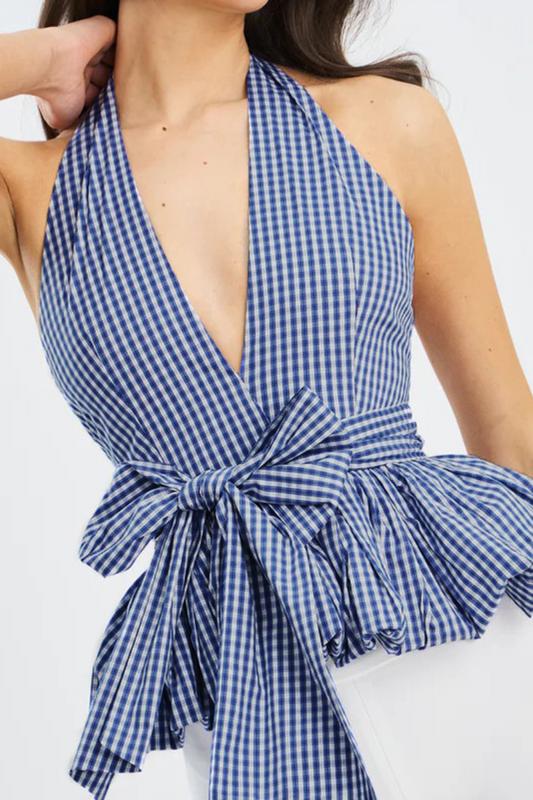 Checkered Belted Halter Crop Top