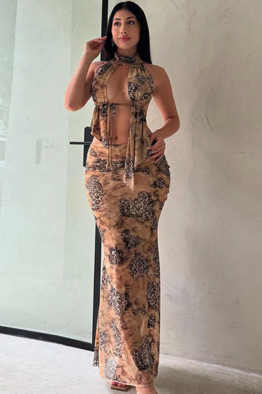 Print Ruched Halter Two-Piece Set