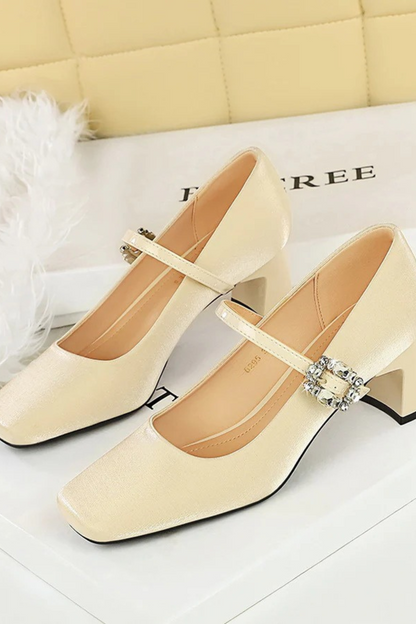 Rhinestone Mary Jane Chunky Heel Pumps