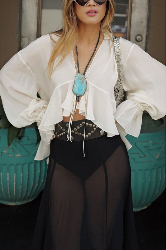 Sheer Lace Ruffle Tie Blouse