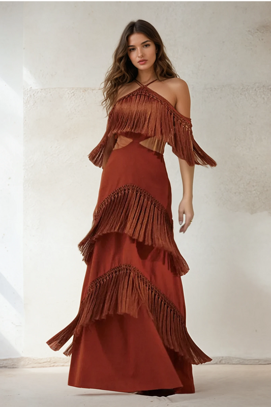 Halter Fringe Cutout Maxi Dress