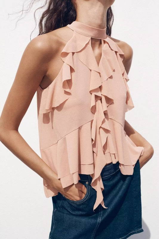 Ruffled Cutout Halter Tank Top