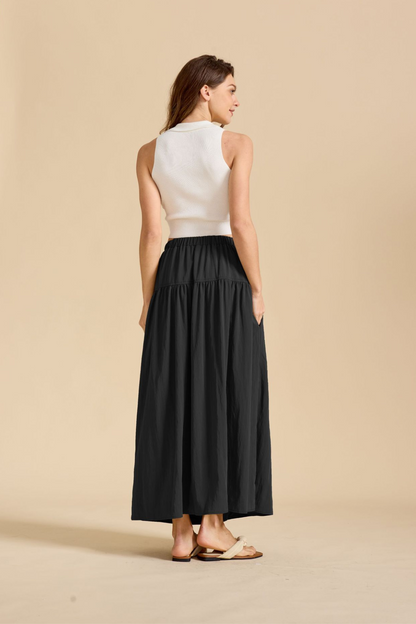 Ruched Pocketed Cotton A-Line Maxi Skirt