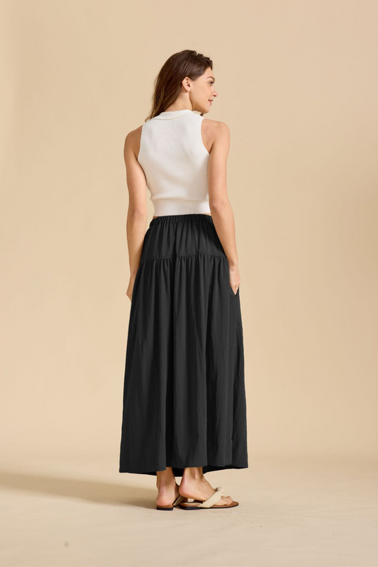 Ruched Pocketed Cotton A-Line Maxi Skirt