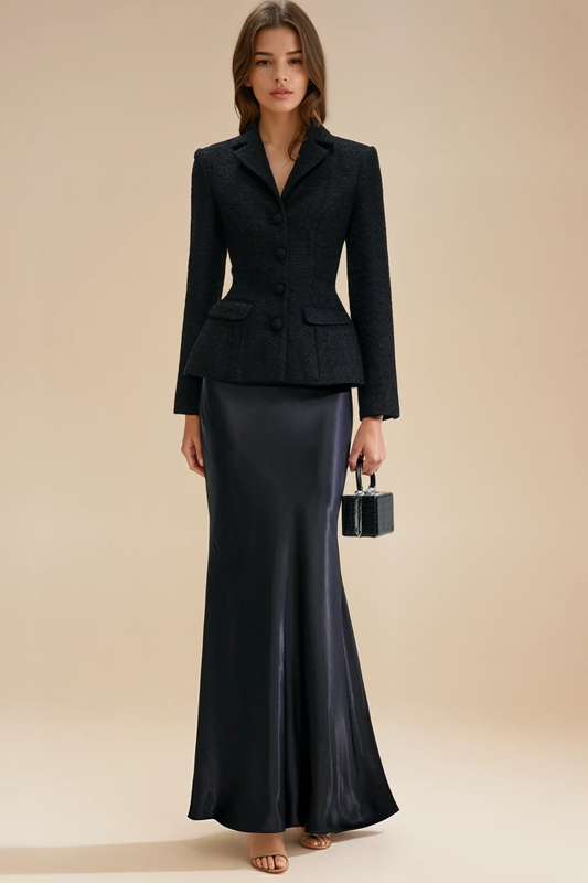 Tweed Blazer and Satin Maxi Skirt Set
