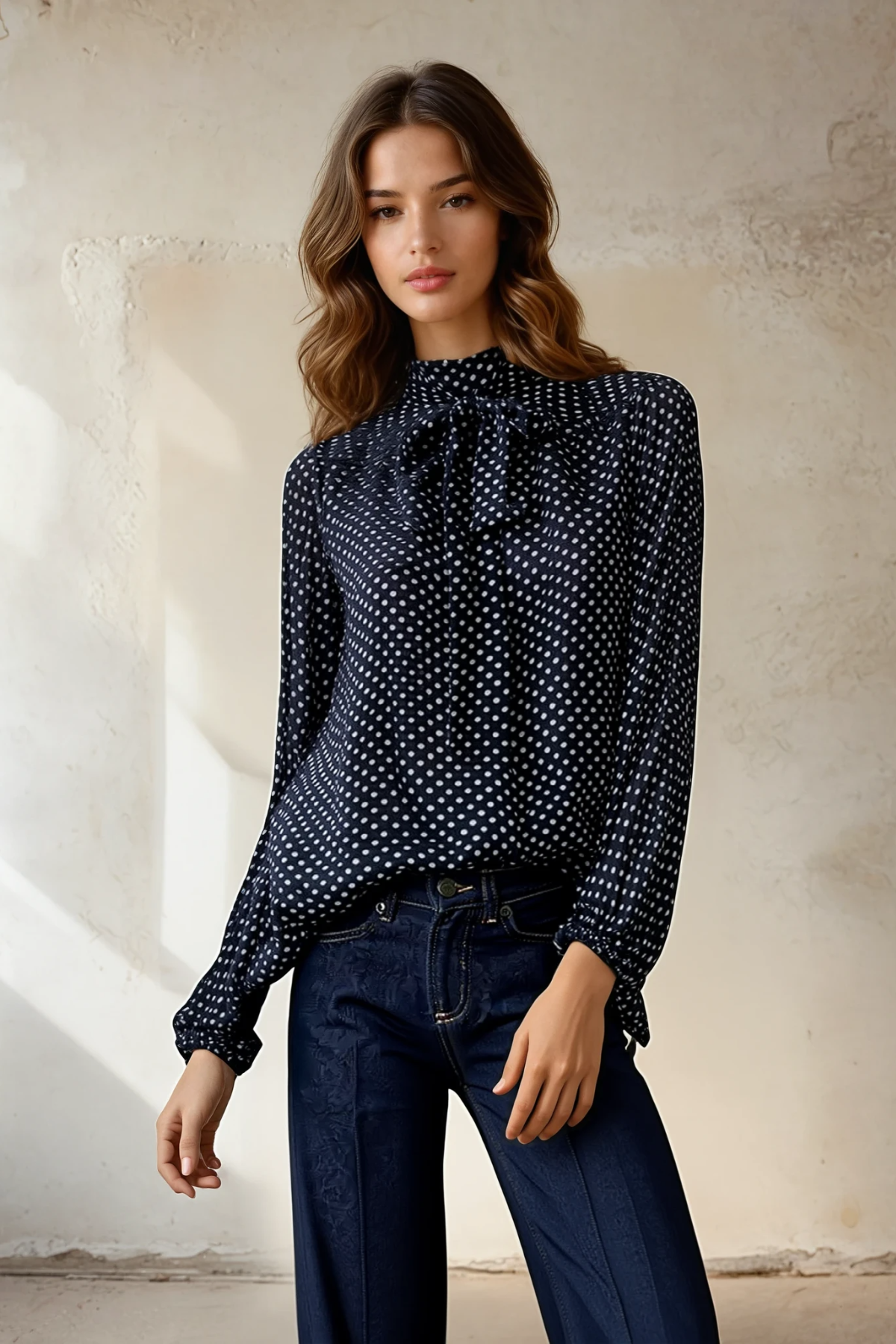 Polka Dot Tie-Neck Cape Blouse