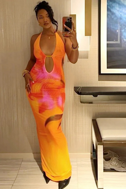 Print Tie Cutout Halter Maxi Dress