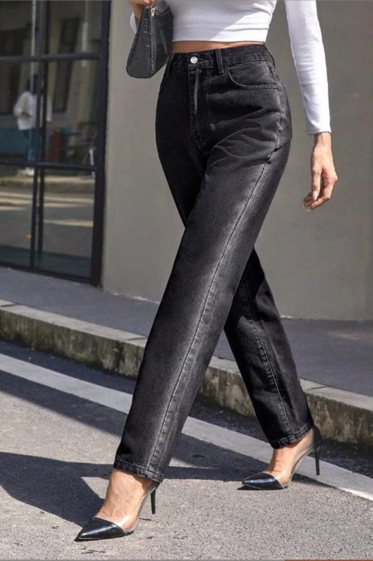 Classic High-Waist Straight Denim Pants