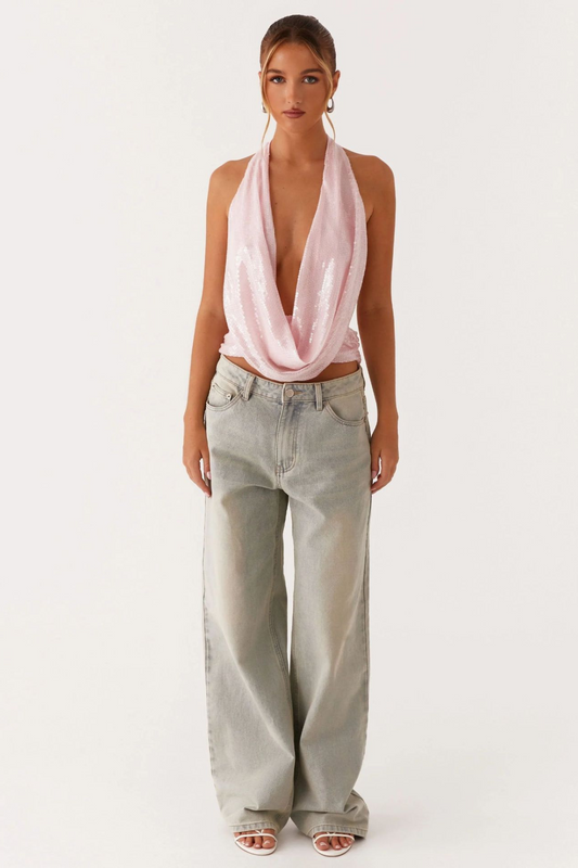 Sequin Tie Backless Cowl Neck Halter Tank