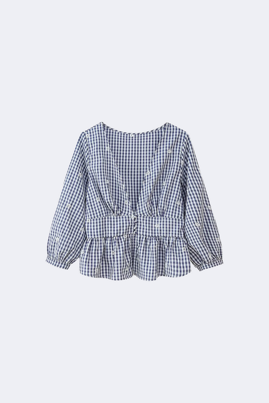 Embroidered Check V-Neck Blouse