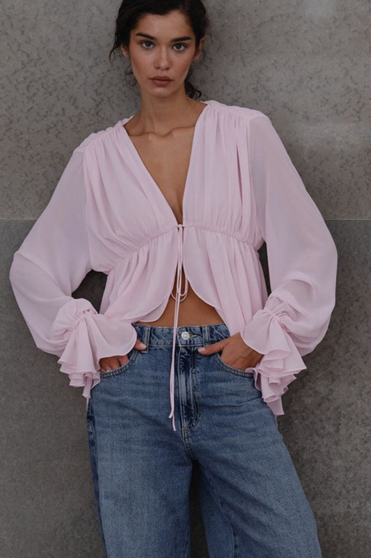 Ruched Lace Tie Blouse