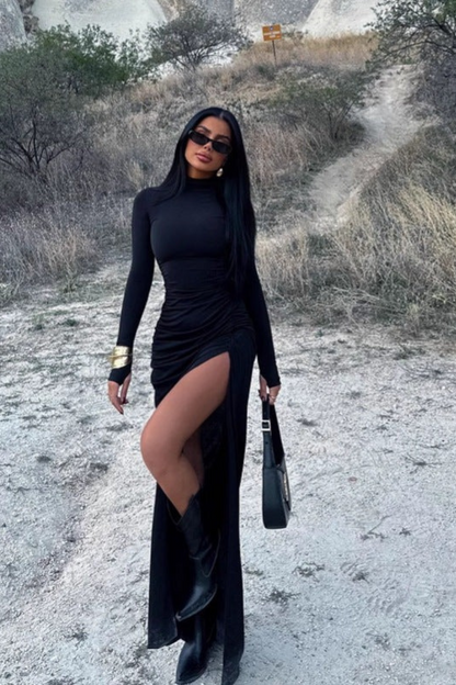 Ruched Slit Mock Neck Dress