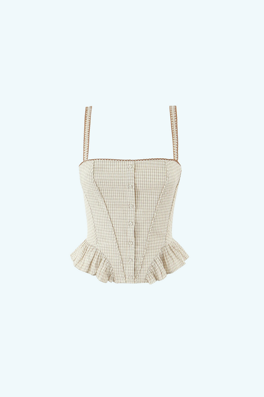 Elegant Gingham Ruffle Embroidery Top