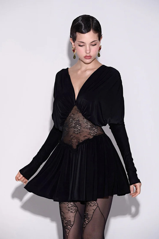 Lace Patchwork V-Neck Mini Dress