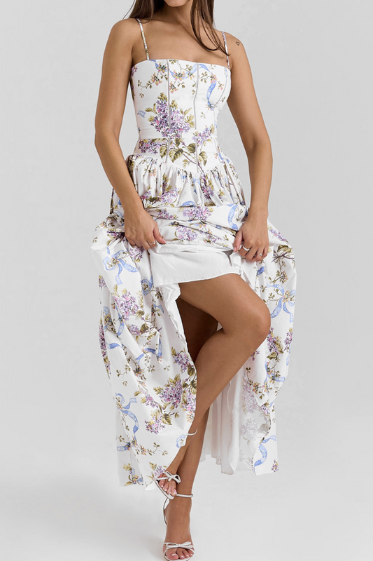 Floral Print Cinch Waist Maxi Dress