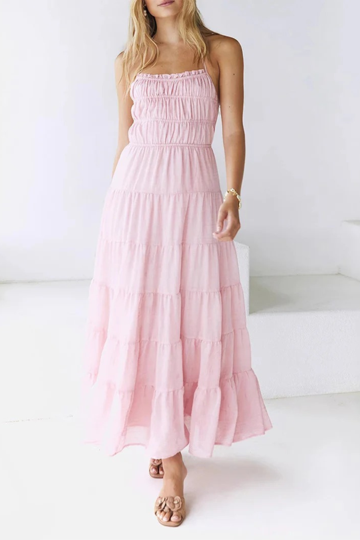 Ruffled Backless Ruched Tie Halter Midi Dress