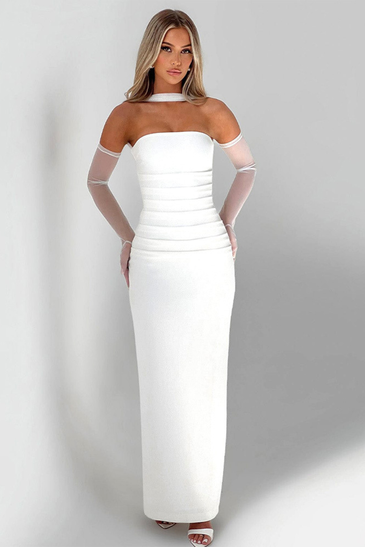 Strapless Midi Bodycon Dress with Scarf