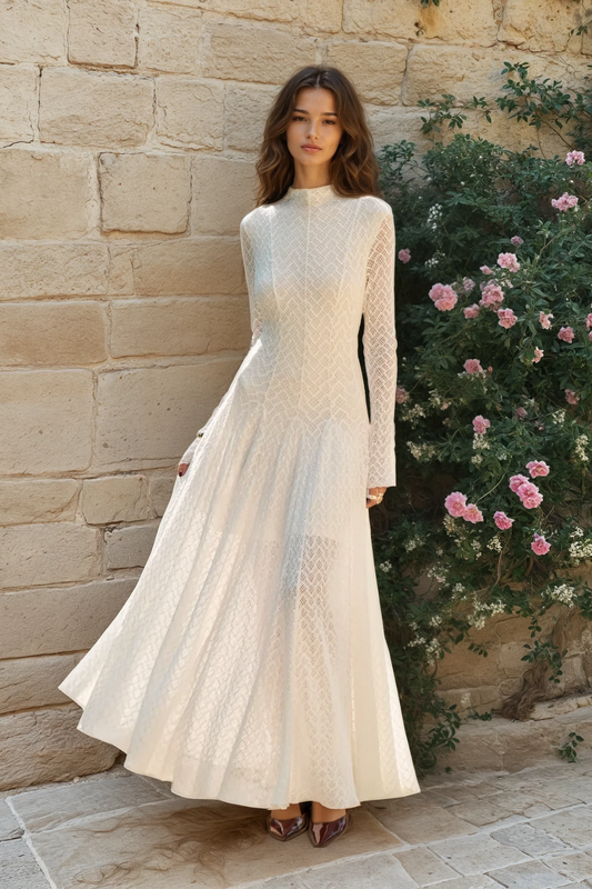 Semi-Sheer Mock Neck Lace Flowy Dress