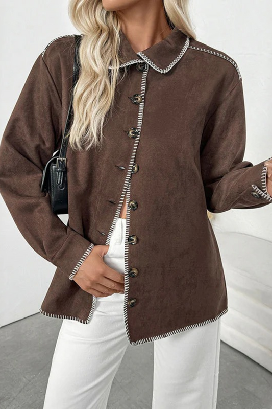 Brown Contrast Trim Suede Shacket