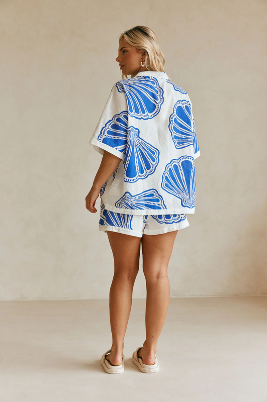 Printed Pocket Button Down Shorts Set
