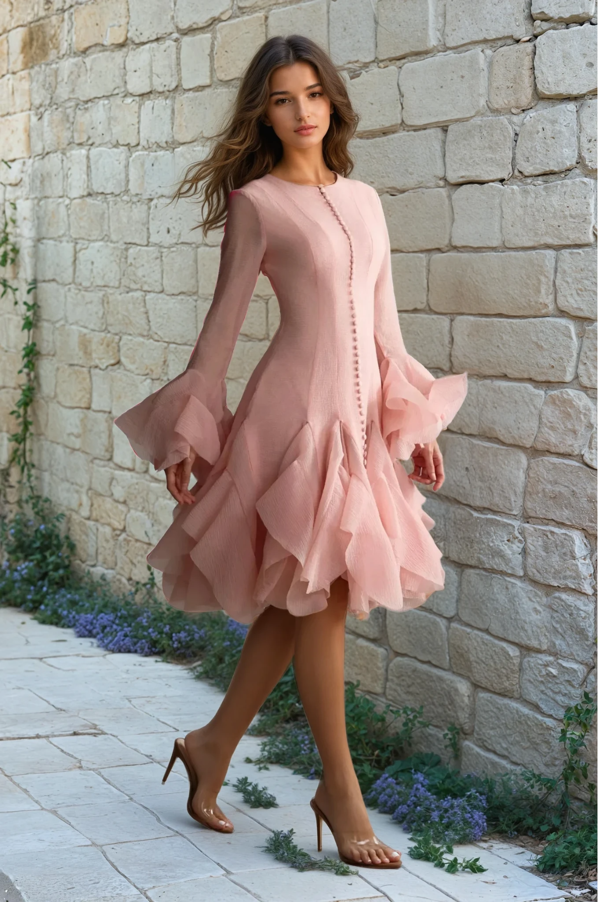 Long Sleeve Flared Hem Midi Dress