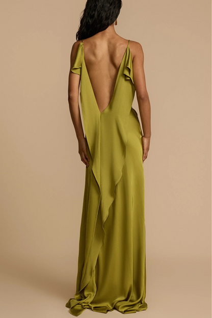 Cowl Neck Ruffle Split Maxi Dress