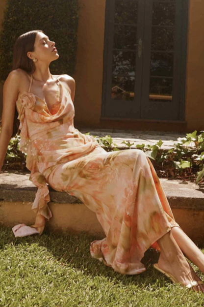 Printed Halter Lace-Up Mesh V-Neck Dress