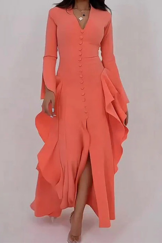 Summer V-Neck Ruffle Slit Dress