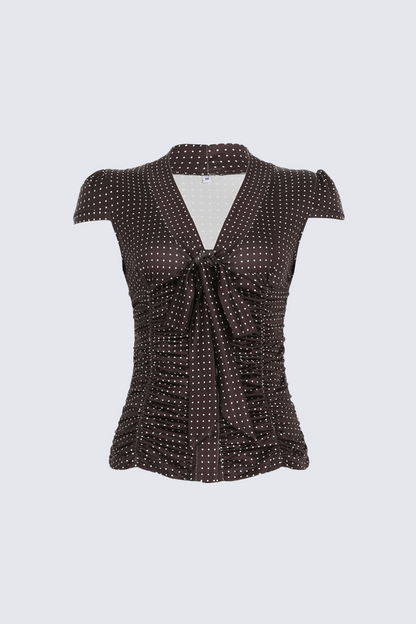 Polka Dot Ruched Tie Neck Blouse