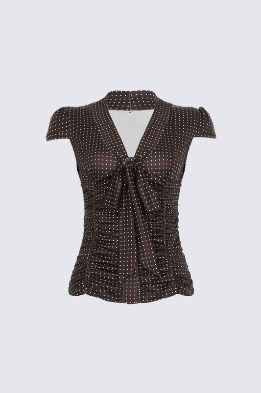 Polka Dot Ruched Tie Neck Blouse