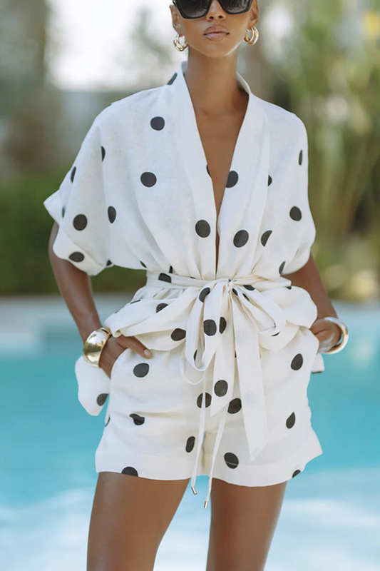 Elegant Polka Dot Belted Two-Piece Set