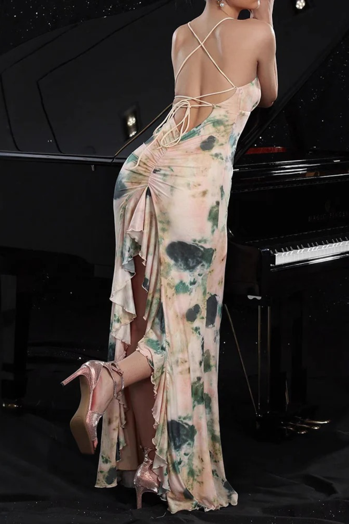 Ruffled Ruched Lace-Up Backless Maxi Cami Dress