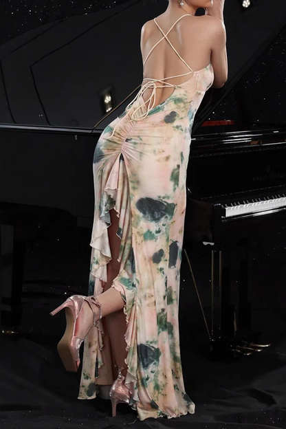 Ruffled Ruched Lace-Up Backless Maxi Cami Dress