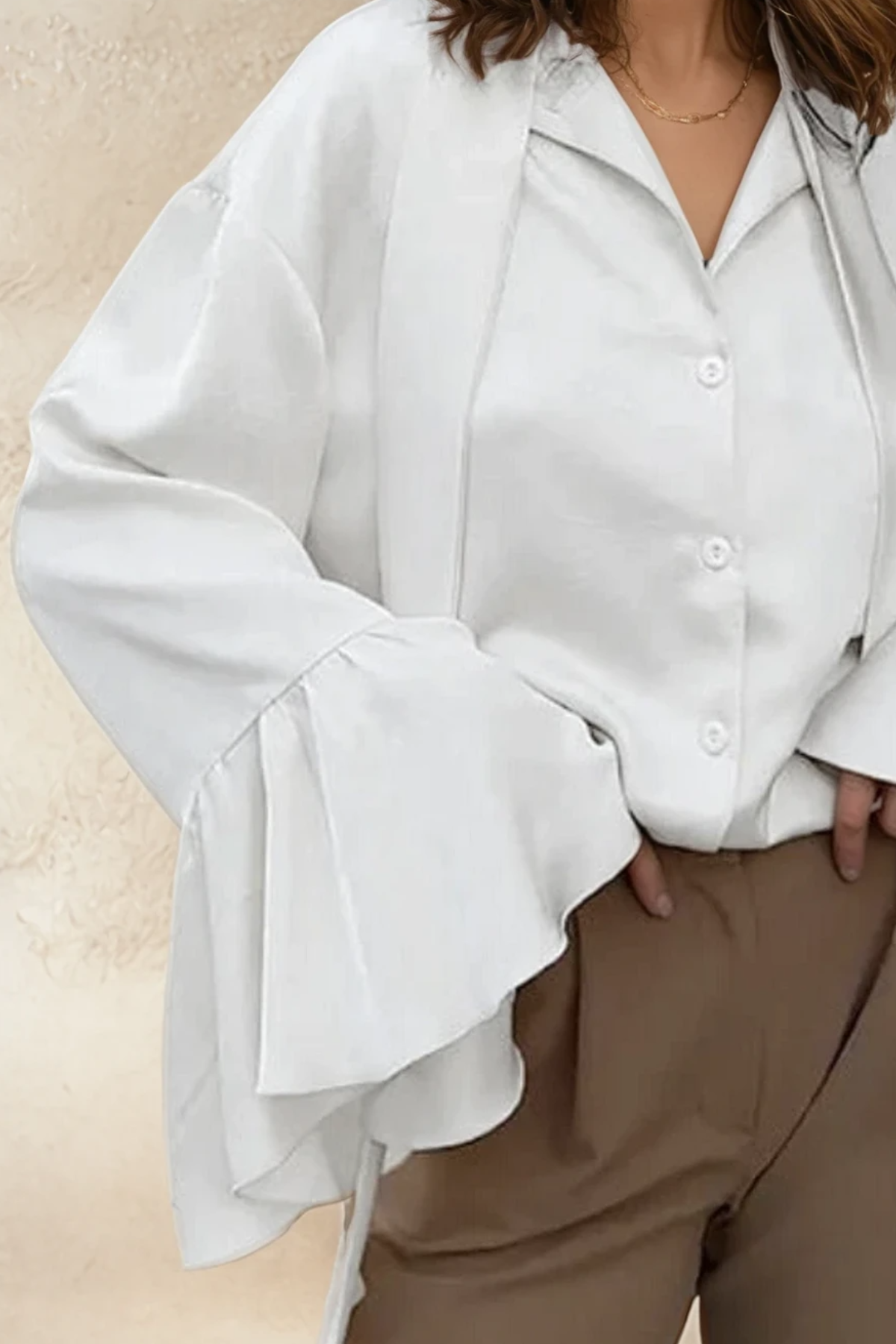 Satin Tie-Neck Blouse with Ruched Panel Sleeves