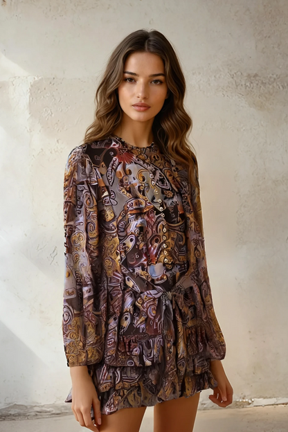 Paisley Belted Ruffle Tiered Mini Dress