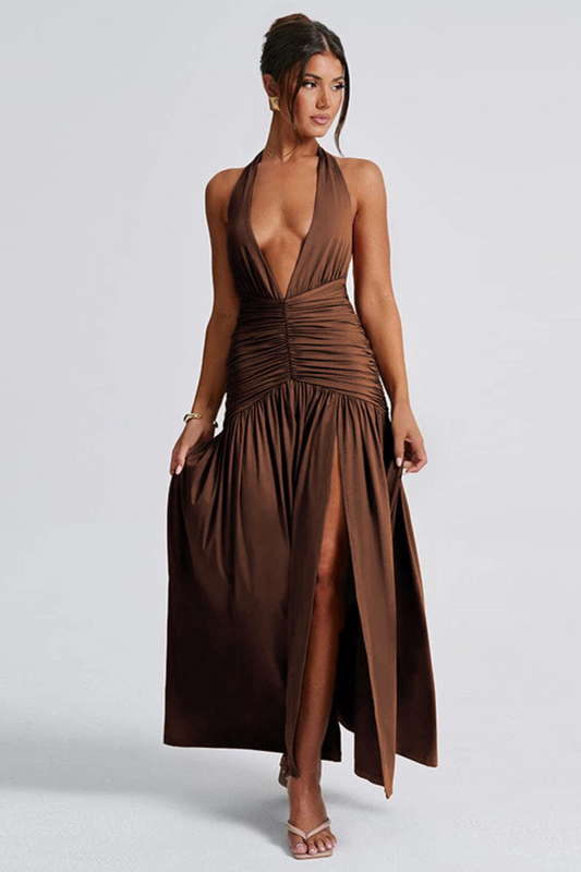 Backless Ruched Halter Maxi Dress